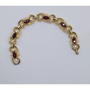Vintage Coro Gold Tone Red Rhinestone Link Bracelet Signed Mid Century